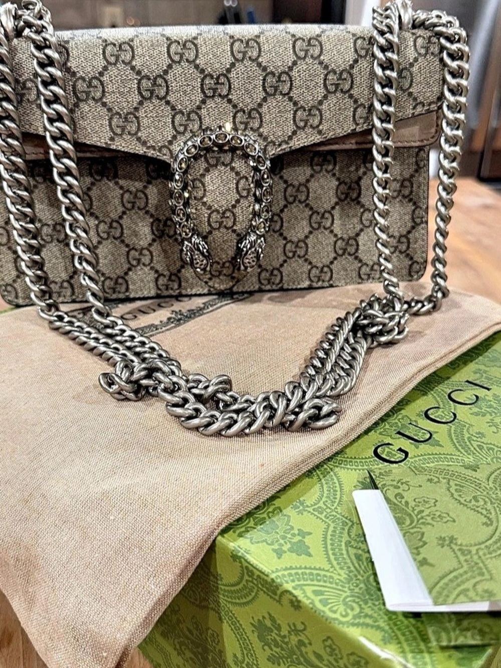 Authentic Gucci Dionysus GG Supreme Super Medium Bag Brown & Beige